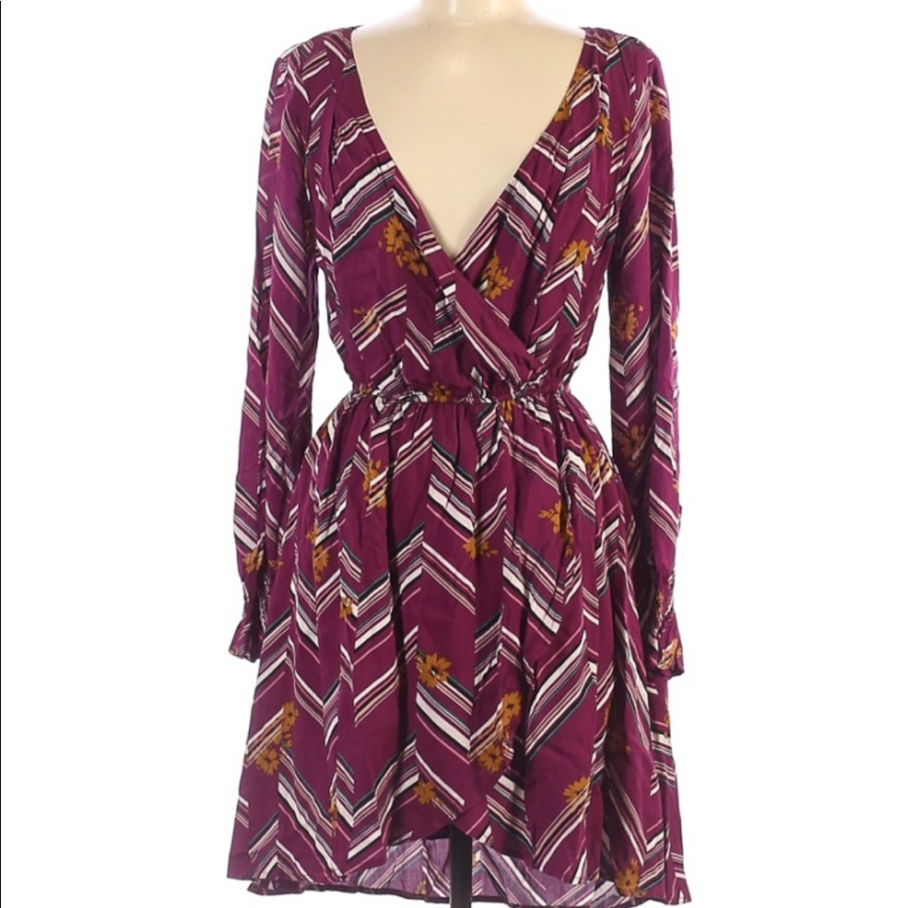 NEW Kori America Purple Long Sleeve Faux Wrap Mini Dress Size Small